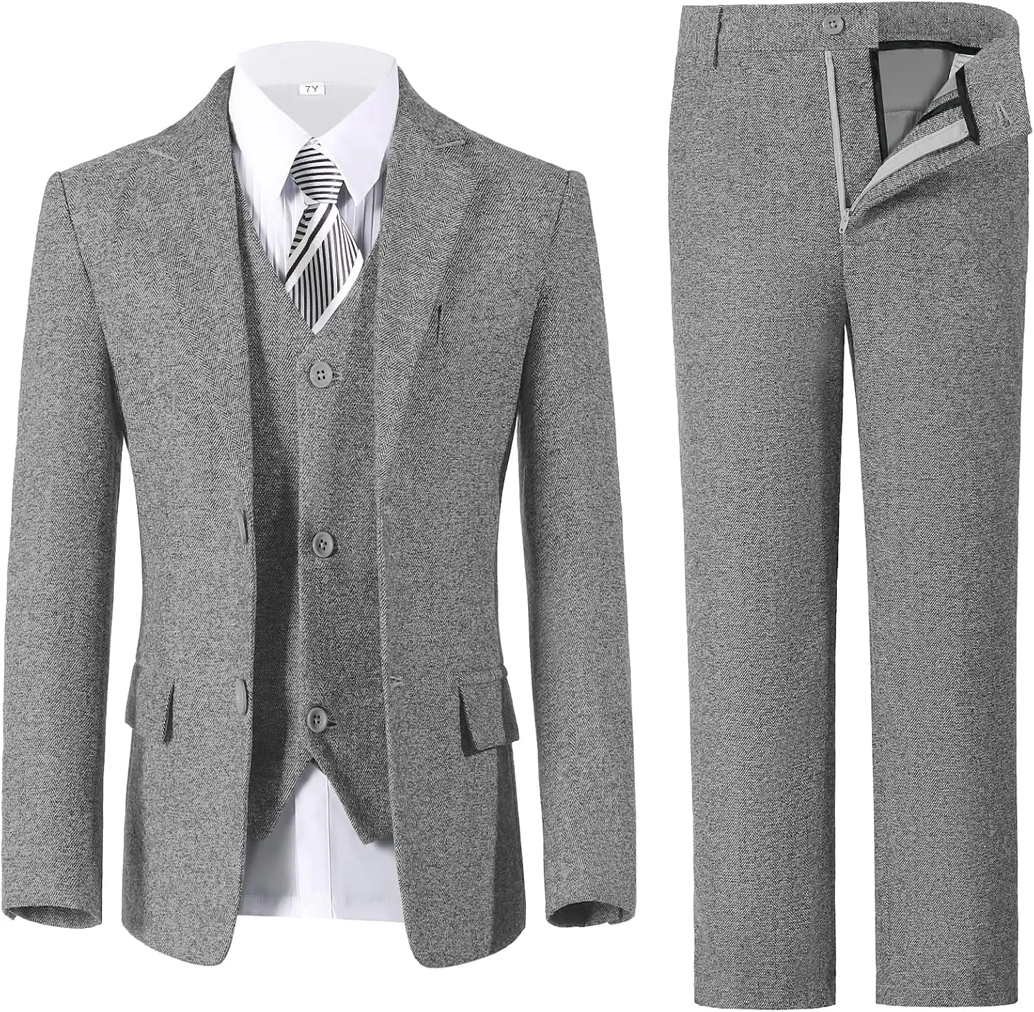 Boys Suit 6pcs Tweed Herringbone Suits for Kids Slim Fit Tuxedo Formal Jacket Wedding Shirt Blazer Vest Pants Set with Tie