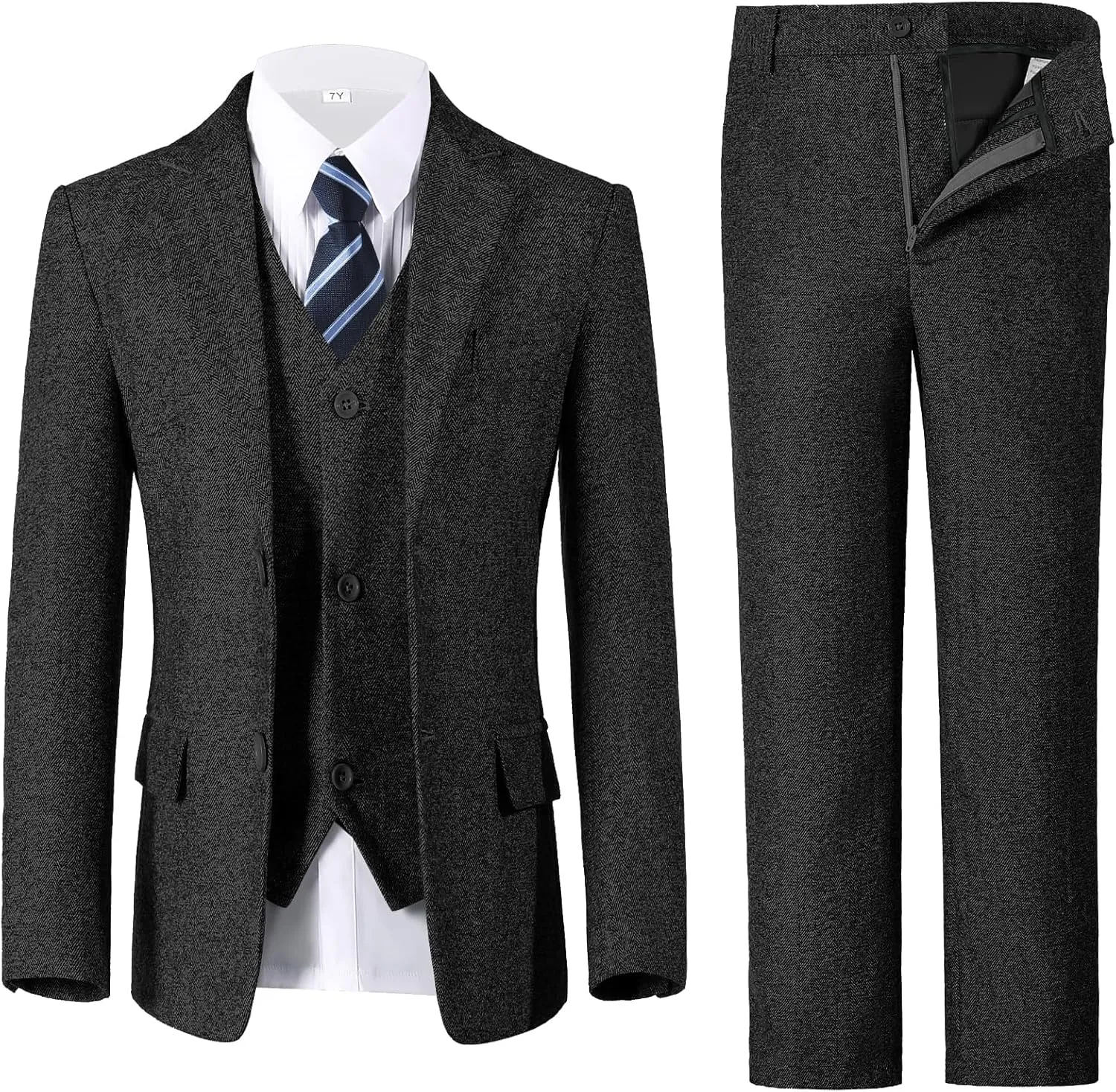 Boys Suit 6pcs Tweed Herringbone Suits for Kids Slim Fit Tuxedo Formal Jacket Wedding Shirt Blazer Vest Pants Set with Tie