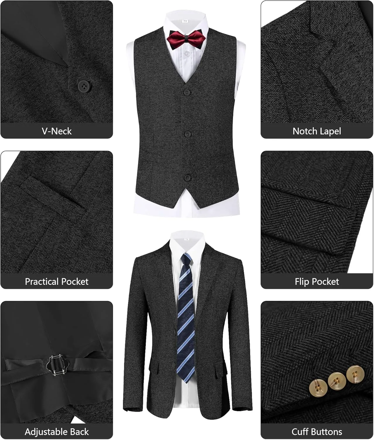 Boys Suit 6pcs Tweed Herringbone Suits for Kids Slim Fit Tuxedo Formal Jacket Wedding Shirt Blazer Vest Pants Set with Tie