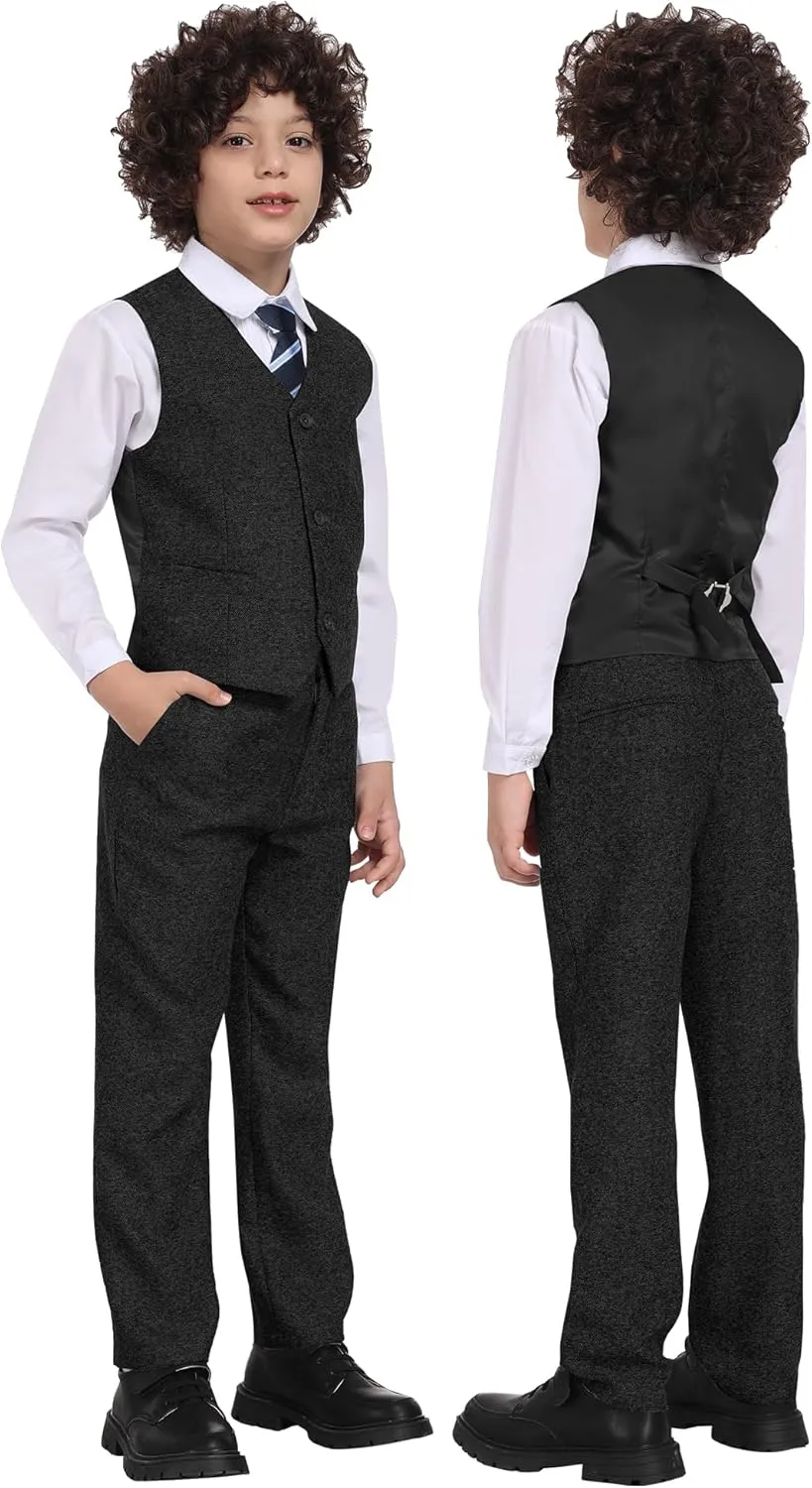 Boys Suit 6pcs Tweed Herringbone Suits for Kids Slim Fit Tuxedo Formal Jacket Wedding Shirt Blazer Vest Pants Set with Tie