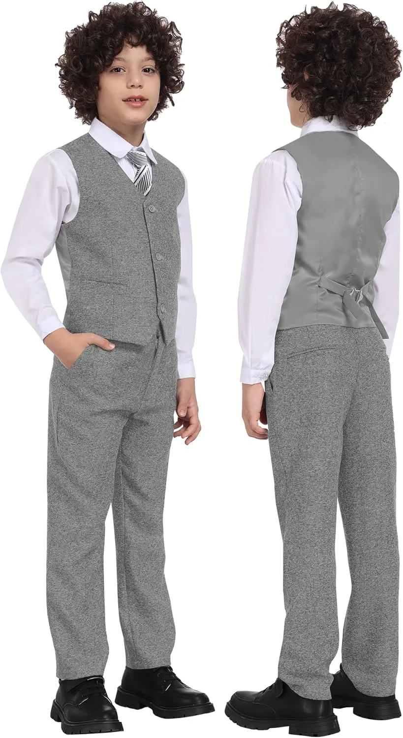 Boys Suit 6pcs Tweed Herringbone Suits for Kids Slim Fit Tuxedo Formal Jacket Wedding Shirt Blazer Vest Pants Set with Tie