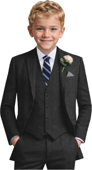 Boys Suit 6pcs Tweed Herringbone Suits for Kids Slim Fit Tuxedo Formal Jacket Wedding Shirt Blazer Vest Pants Set with Tie