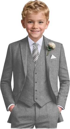 Boys Suit 6pcs Tweed Herringbone Suits for Kids Slim Fit Tuxedo Formal Jacket Wedding Shirt Blazer Vest Pants Set with Tie
