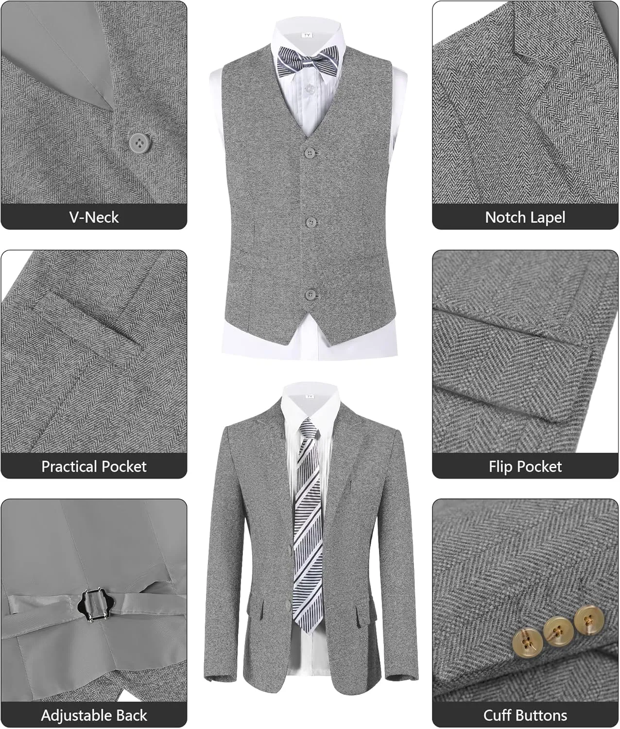 Boys Suit 6pcs Tweed Herringbone Suits for Kids Slim Fit Tuxedo Formal Jacket Wedding Shirt Blazer Vest Pants Set with Tie