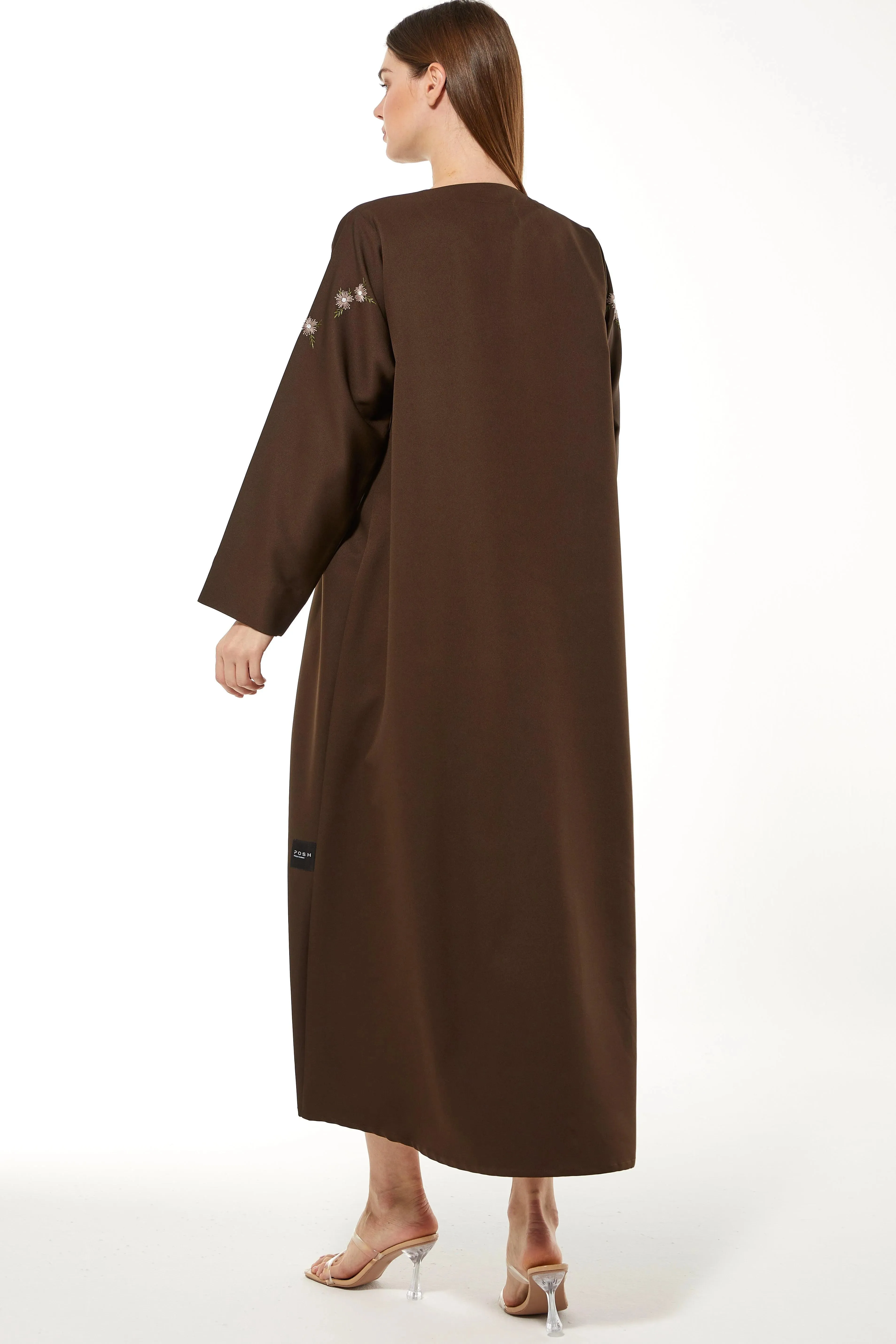 Brown Rochester Crepe Abaya with Front Floral Threadwork