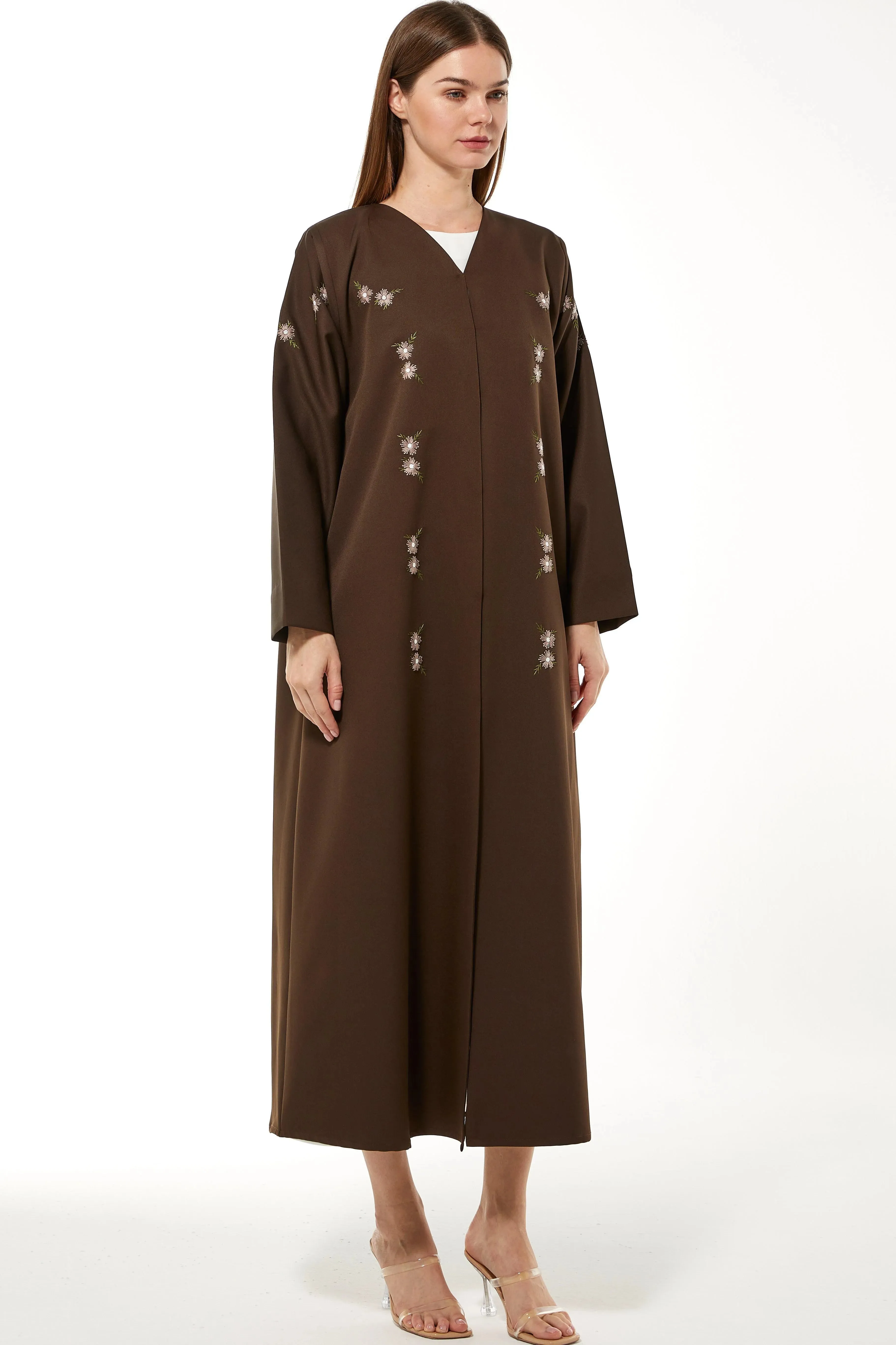 Brown Rochester Crepe Abaya with Front Floral Threadwork
