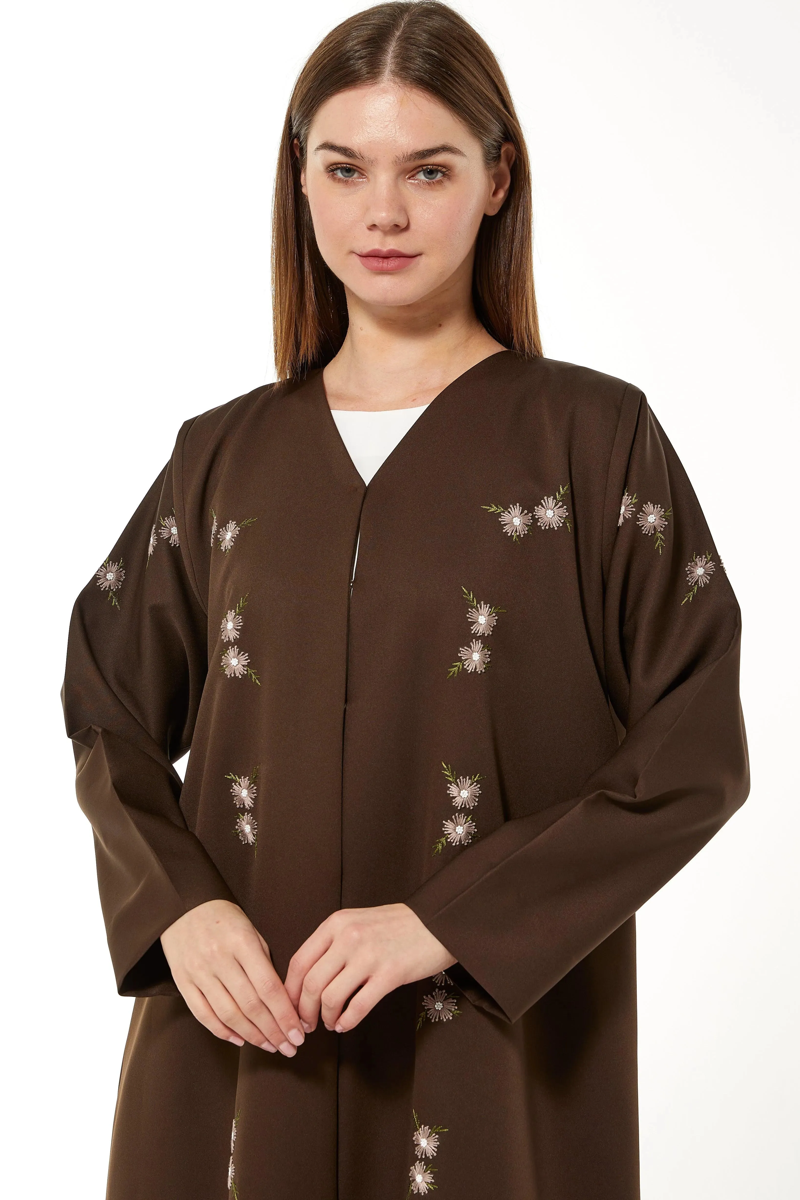 Brown Rochester Crepe Abaya with Front Floral Threadwork