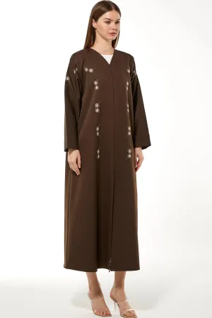 Brown Rochester Crepe Abaya with Front Floral Threadwork