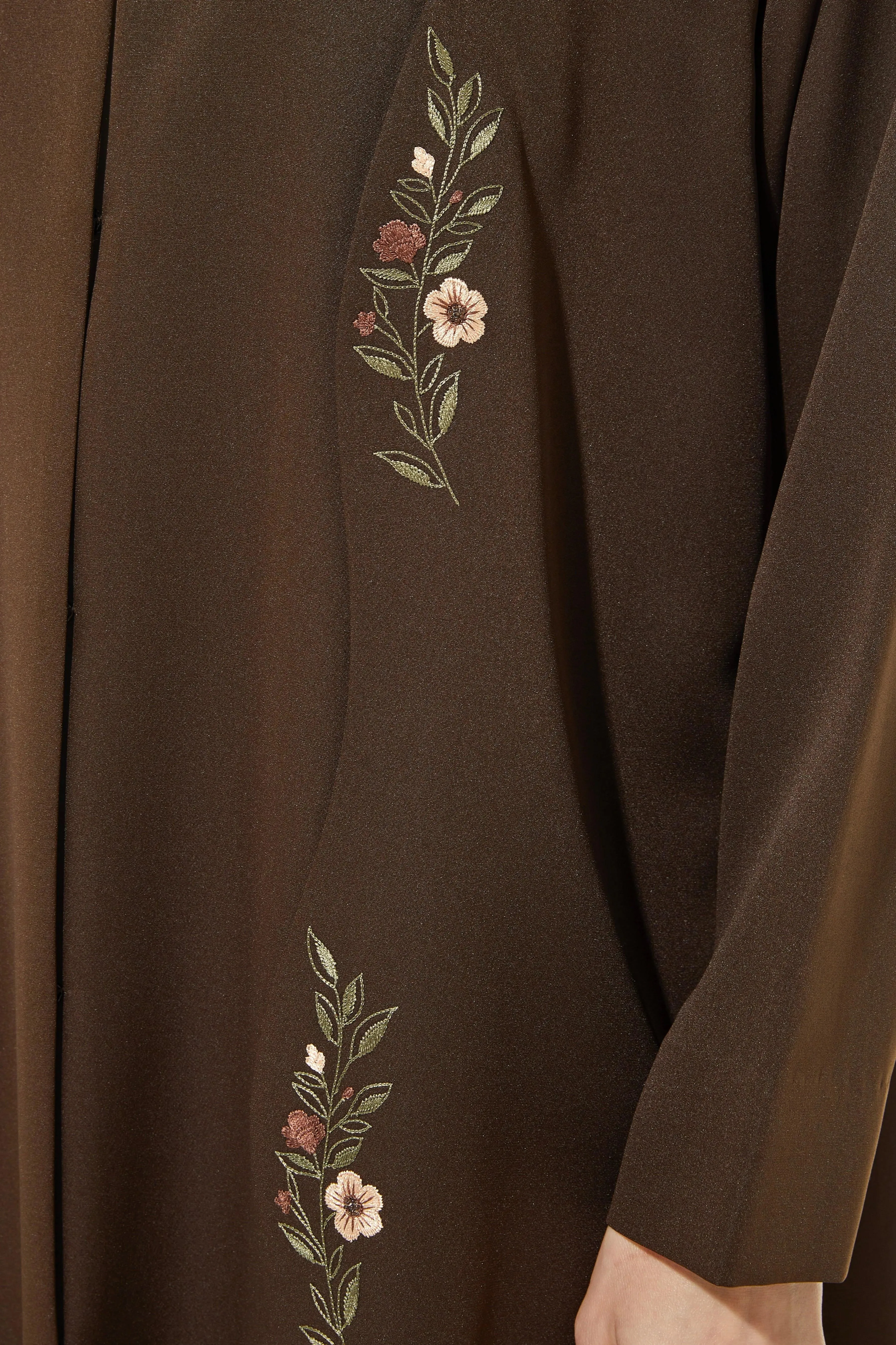 Brown Rochester Crepe Abaya with Front Semi Floral Embroidery
