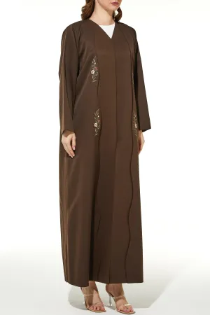 Brown Rochester Crepe Abaya with Front Semi Floral Embroidery