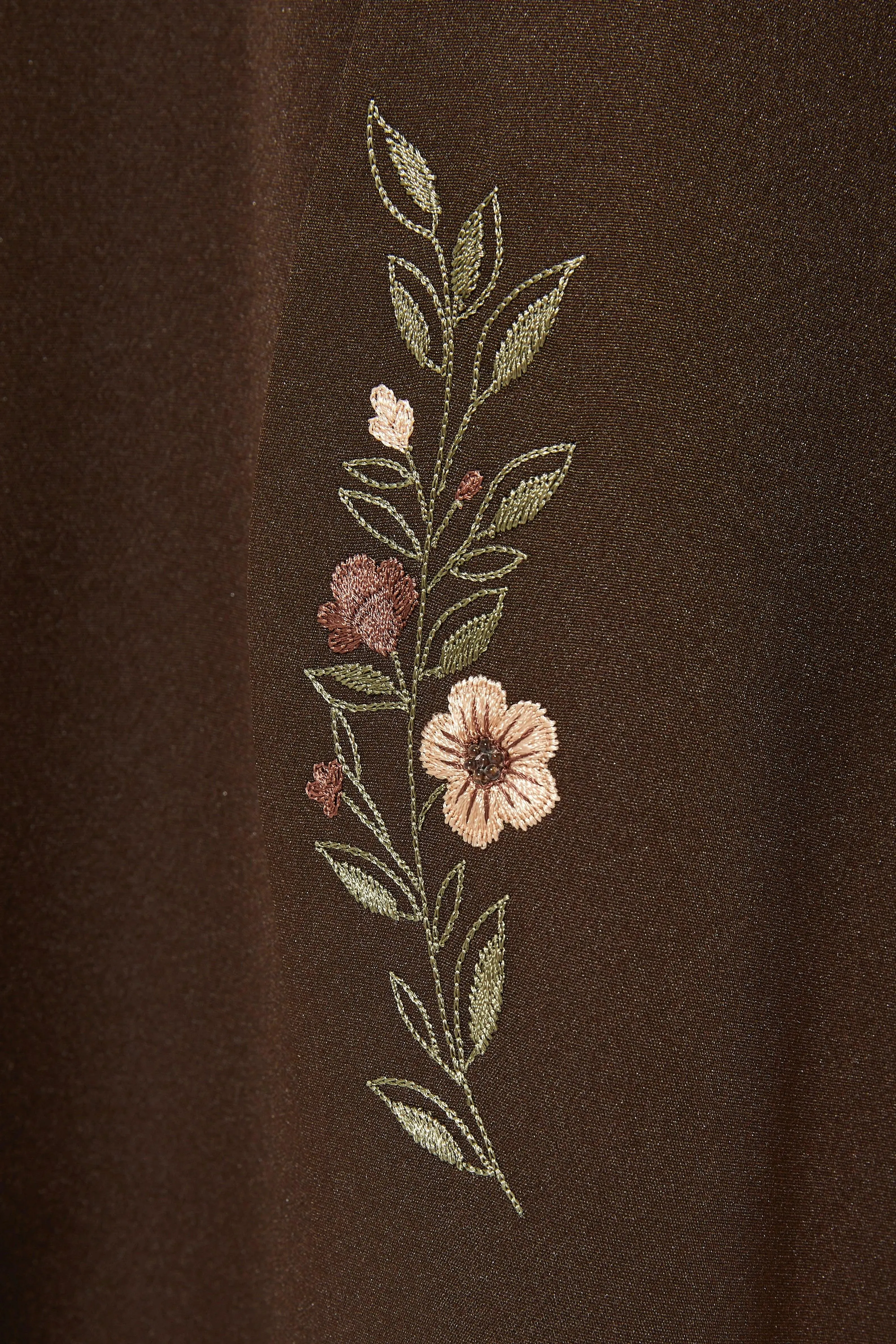 Brown Rochester Crepe Abaya with Front Semi Floral Embroidery