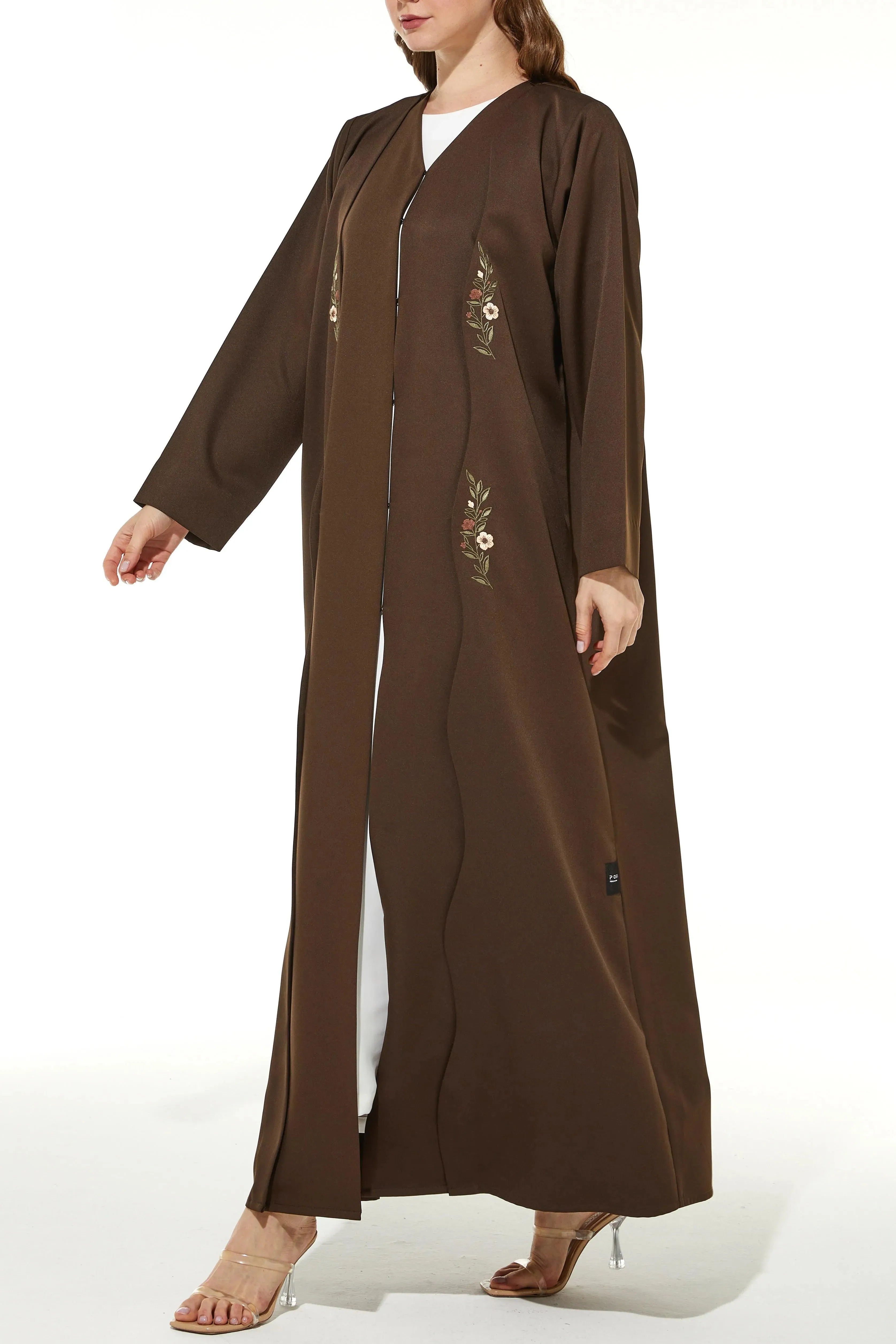 Brown Rochester Crepe Abaya with Front Semi Floral Embroidery