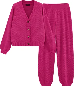 BTFBM Women 2 piece Outfits Fall Knit Sweater Sets Loose Casual Button Down Cardigan Long Pants Matching Lounge Set