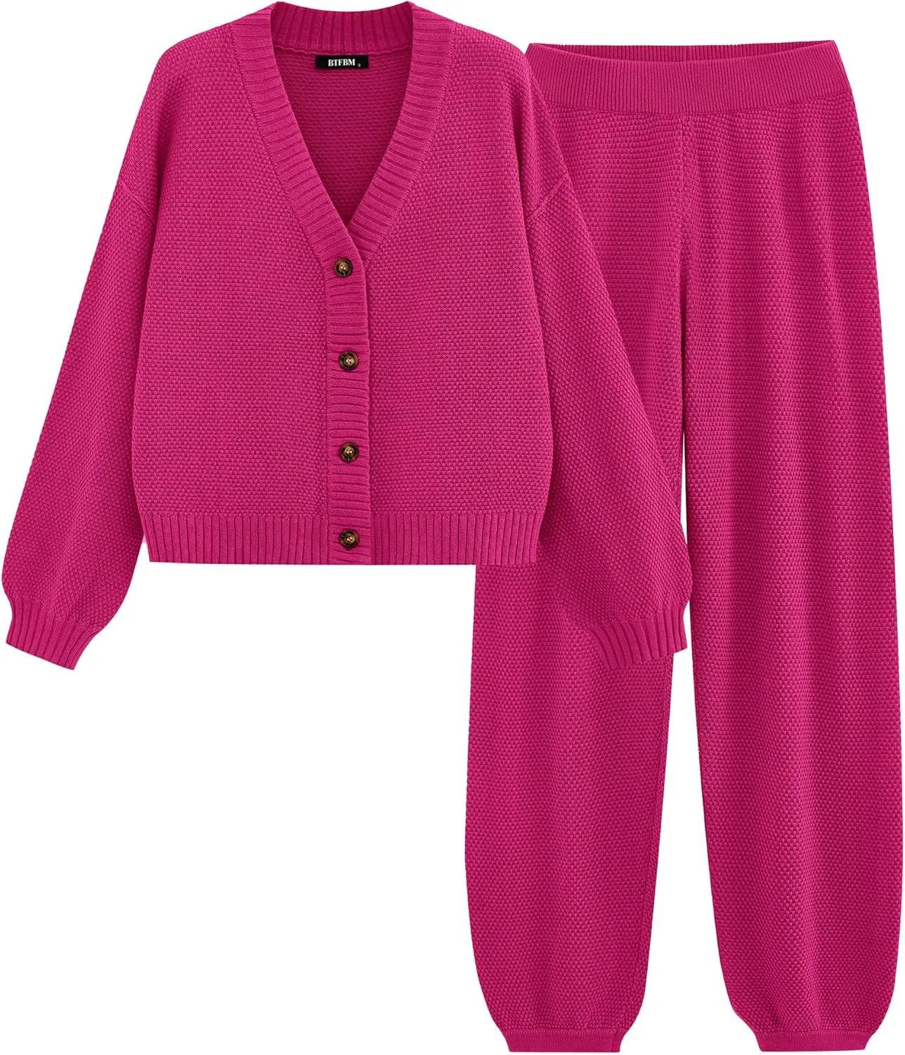 BTFBM Women 2 piece Outfits Fall Knit Sweater Sets Loose Casual Button Down Cardigan Long Pants Matching Lounge Set