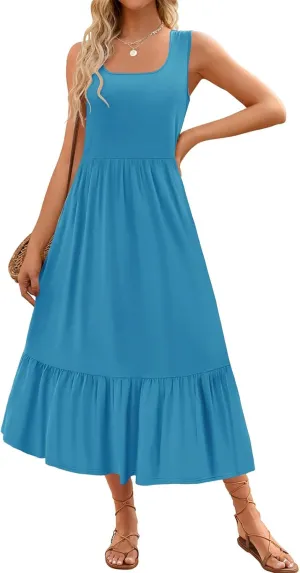 Canbebig Maxi Dresses for Women 2025 Square Neck Pleated Swing Casual Dress Sleeveless A Line Flowy Beach Dress Long Sundress