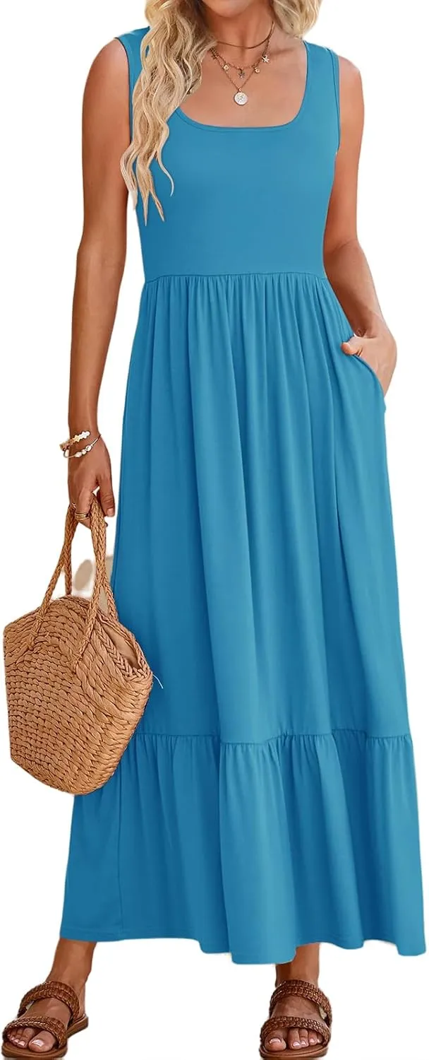 Canbebig Maxi Dresses for Women 2025 Square Neck Pleated Swing Casual Dress Sleeveless A Line Flowy Beach Dress Long Sundress