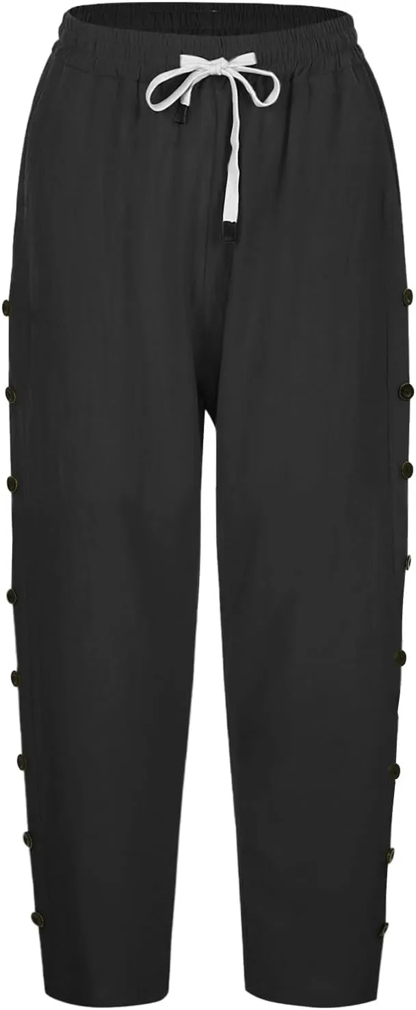 Capris Pants for Women Cotton Linen Casual Summer 2025 Straight Wide Leg Loose Drawstring Elastic Waist Cropped Trouser
