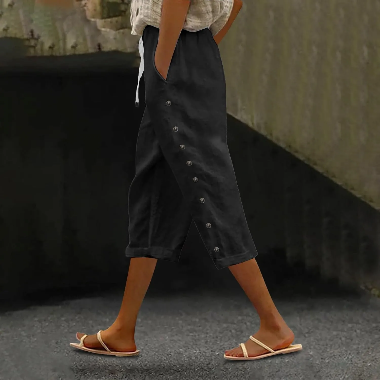 Capris Pants for Women Cotton Linen Casual Summer 2025 Straight Wide Leg Loose Drawstring Elastic Waist Cropped Trouser