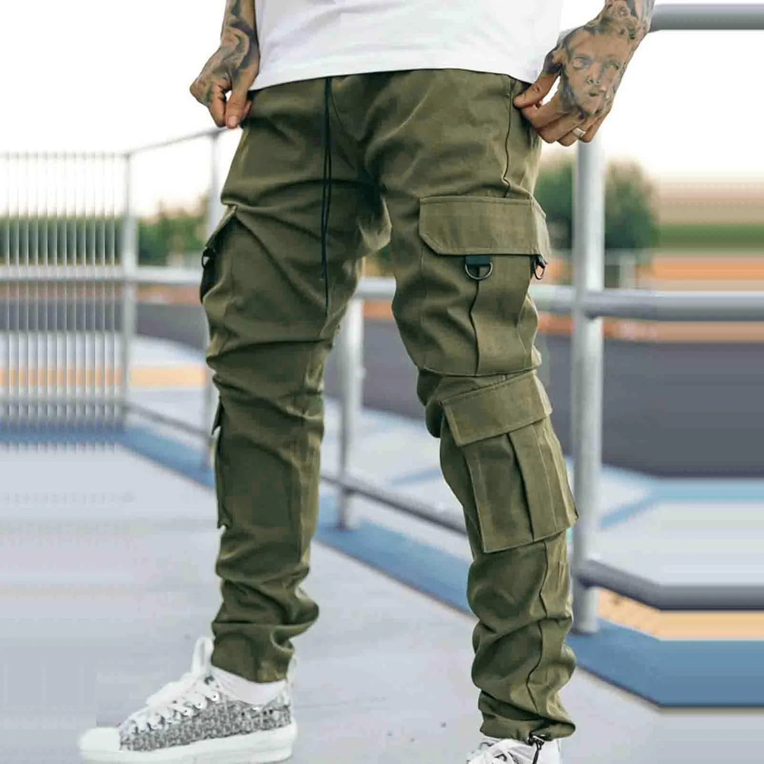 Cargo Sweatpants for Men Elastic Waist Drawstring Work Jogger Pants with Pockets Mens Casual Pants Stretch Slim Fit