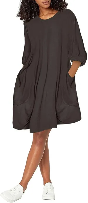 Casual Dresses for Women Summer Round Neck 3/4 Sleeve Solid Loose Long Tops Comfy Shift Plus Size Dress with Pocket