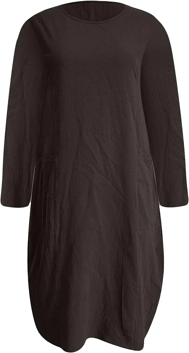 Casual Dresses for Women Summer Round Neck 3/4 Sleeve Solid Loose Long Tops Comfy Shift Plus Size Dress with Pocket
