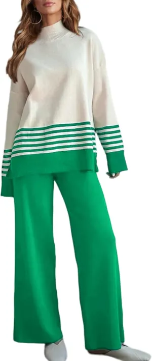 Casual Sweater Sets Women 2 piece Outfits Long Sleeve Striped Pullover Top Wide Leg Pants Matching Lounge Sets