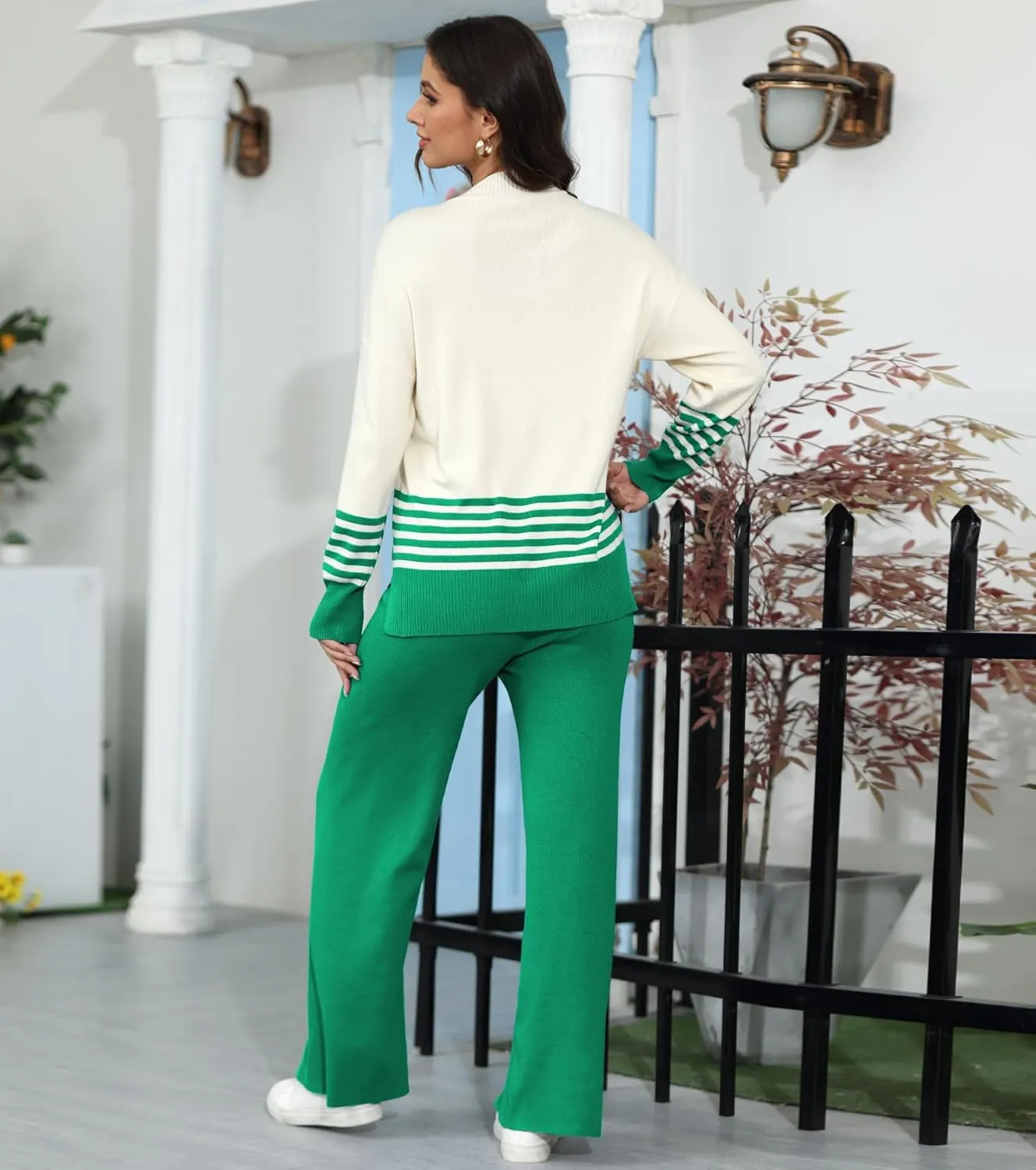 Casual Sweater Sets Women 2 piece Outfits Long Sleeve Striped Pullover Top Wide Leg Pants Matching Lounge Sets