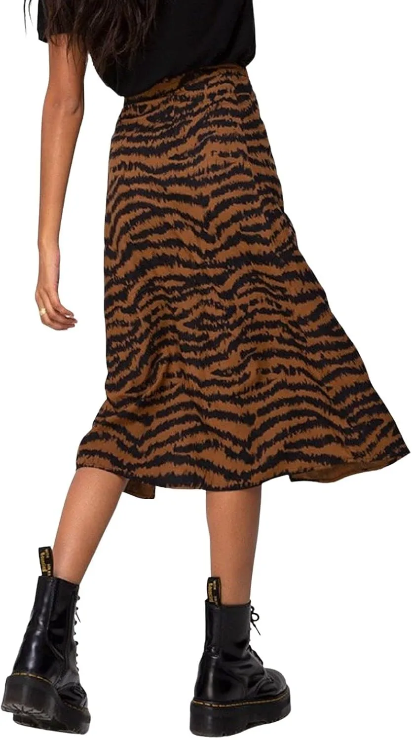 CHARTOU Women's Sexy High Waist Leopard Print Side Slit Boho A-Line Midi Long Skirt