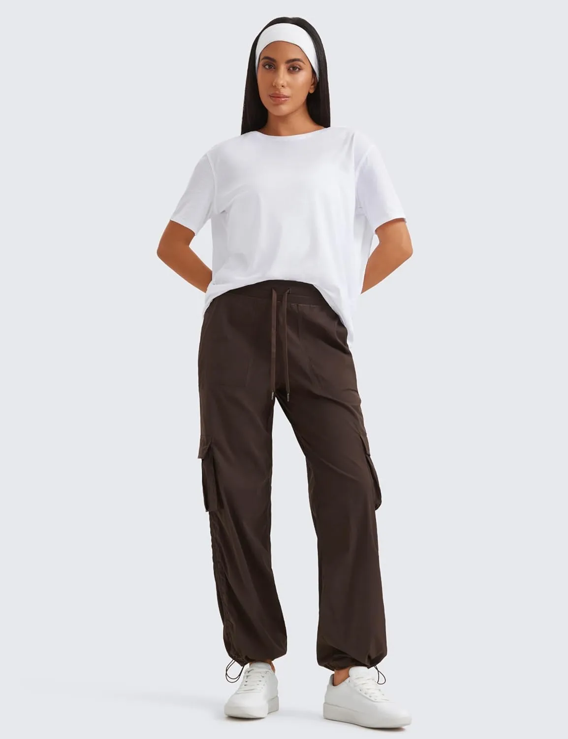 CRZ YOGA Lightweight Casual Cargo Pants for Women 30" Adjustable Ruched Straight Leg Travel Workout Athletic Hiking Joggers