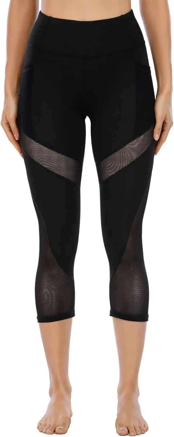 CSTOWN Women's High Waist Yoga Pants with Side Pockets Stretchy Mesh Insert Workout Leggings Tummy Control Yoga Tights