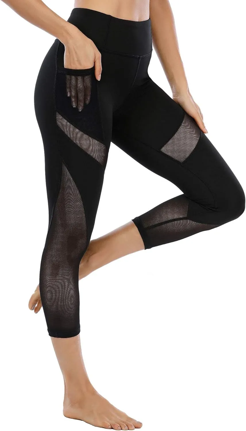 CSTOWN Women's High Waist Yoga Pants with Side Pockets Stretchy Mesh Insert Workout Leggings Tummy Control Yoga Tights