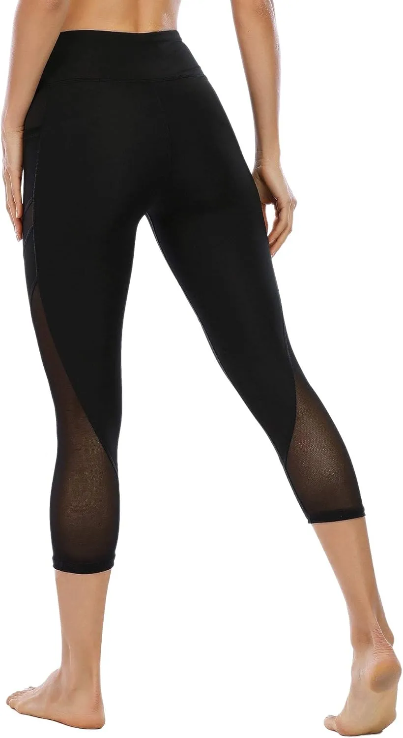 CSTOWN Women's High Waist Yoga Pants with Side Pockets Stretchy Mesh Insert Workout Leggings Tummy Control Yoga Tights