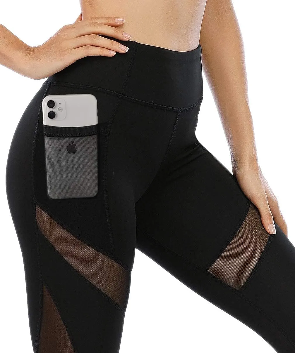 CSTOWN Women's High Waist Yoga Pants with Side Pockets Stretchy Mesh Insert Workout Leggings Tummy Control Yoga Tights