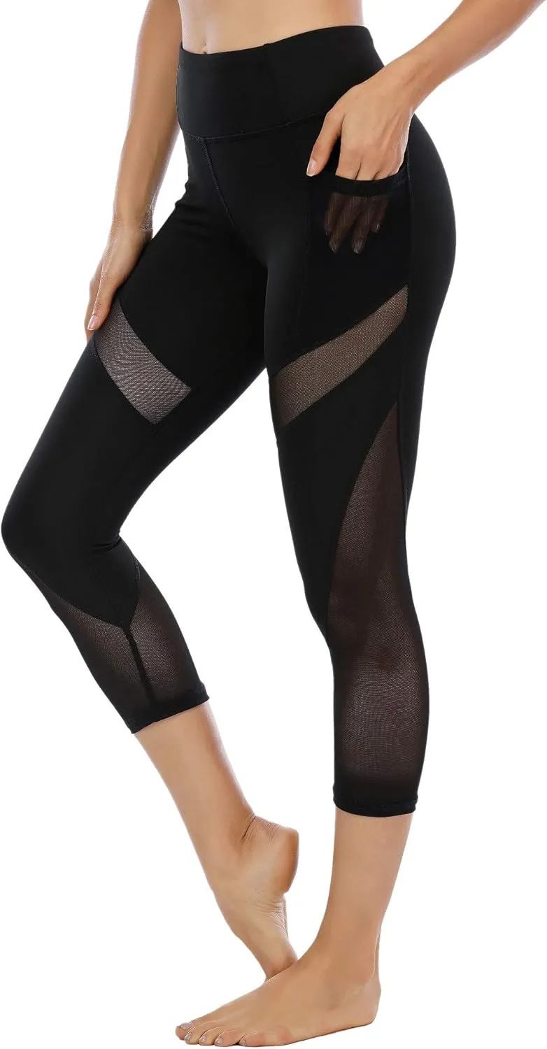 CSTOWN Women's High Waist Yoga Pants with Side Pockets Stretchy Mesh Insert Workout Leggings Tummy Control Yoga Tights