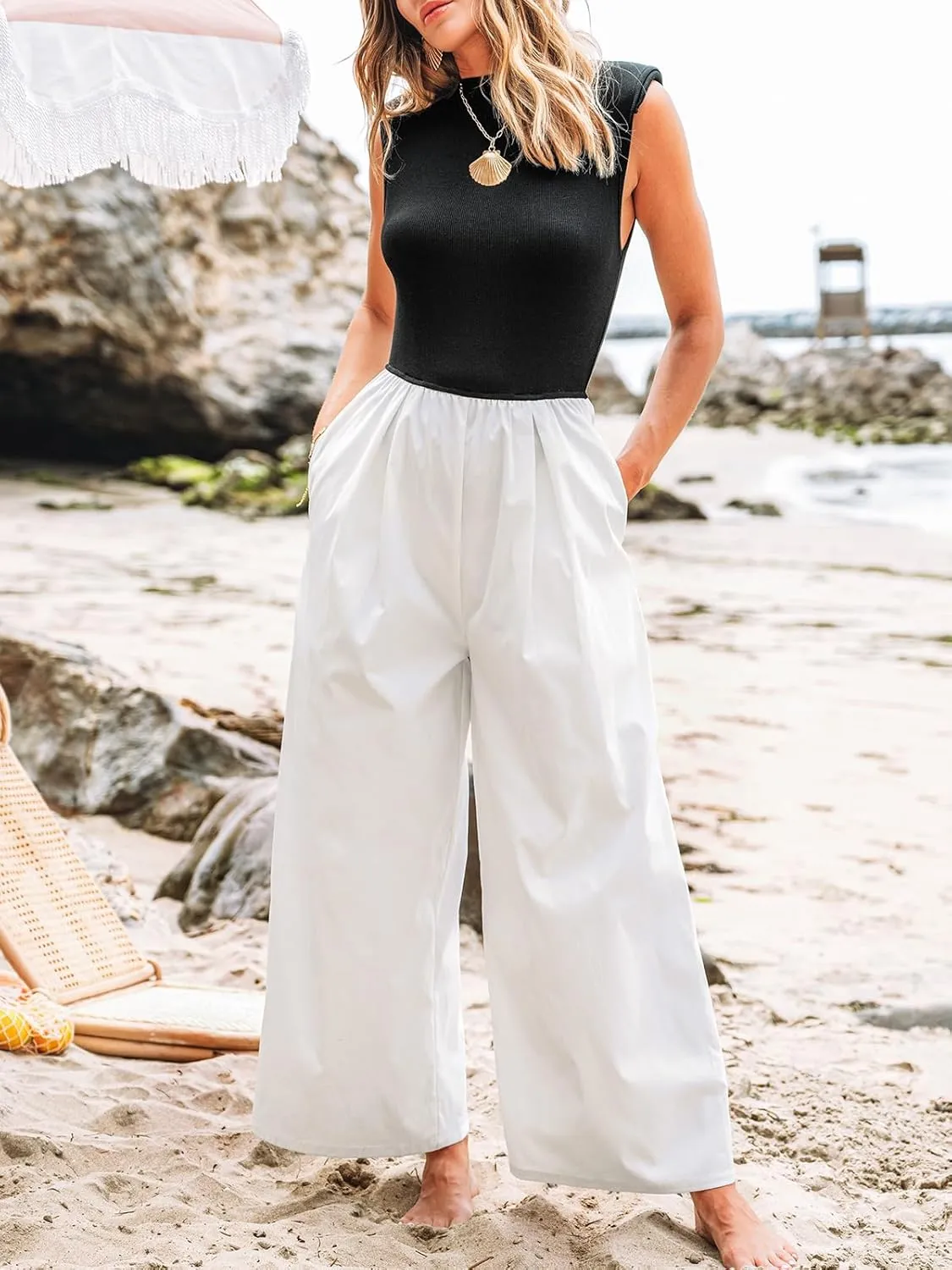 CUPSHE Women's Jumpsuit Mock Neck Sleeveless High Waist Wide Leg Pants One Piece Casual Summer Outfits Romper 2025