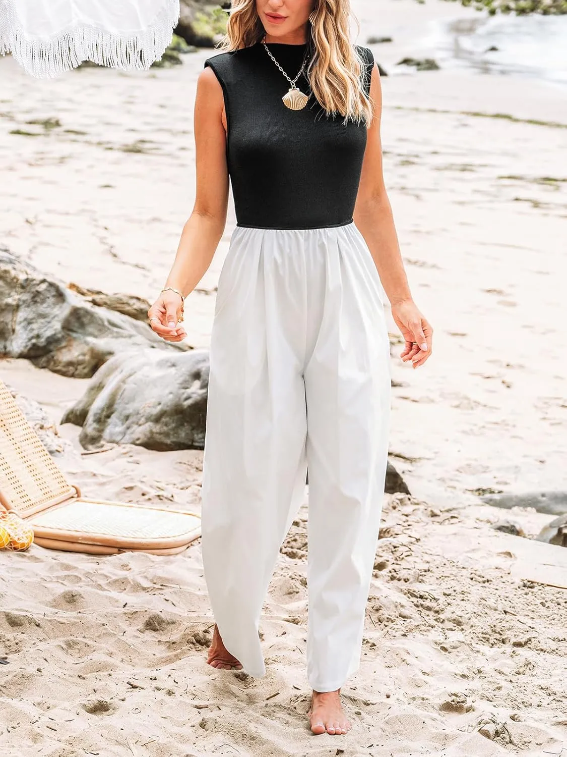 CUPSHE Women's Jumpsuit Mock Neck Sleeveless High Waist Wide Leg Pants One Piece Casual Summer Outfits Romper 2025