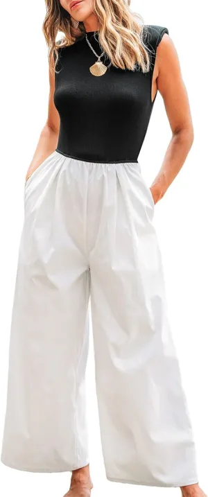 CUPSHE Women's Jumpsuit Mock Neck Sleeveless High Waist Wide Leg Pants One Piece Casual Summer Outfits Romper 2025