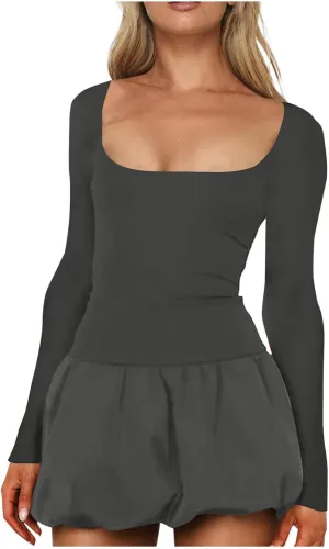 Cute Bubble Mini Dress for Women Slim Fit Scoop Neck Tops Patchwork Dresses Long Sleeve Y2K Color Block Short Dress