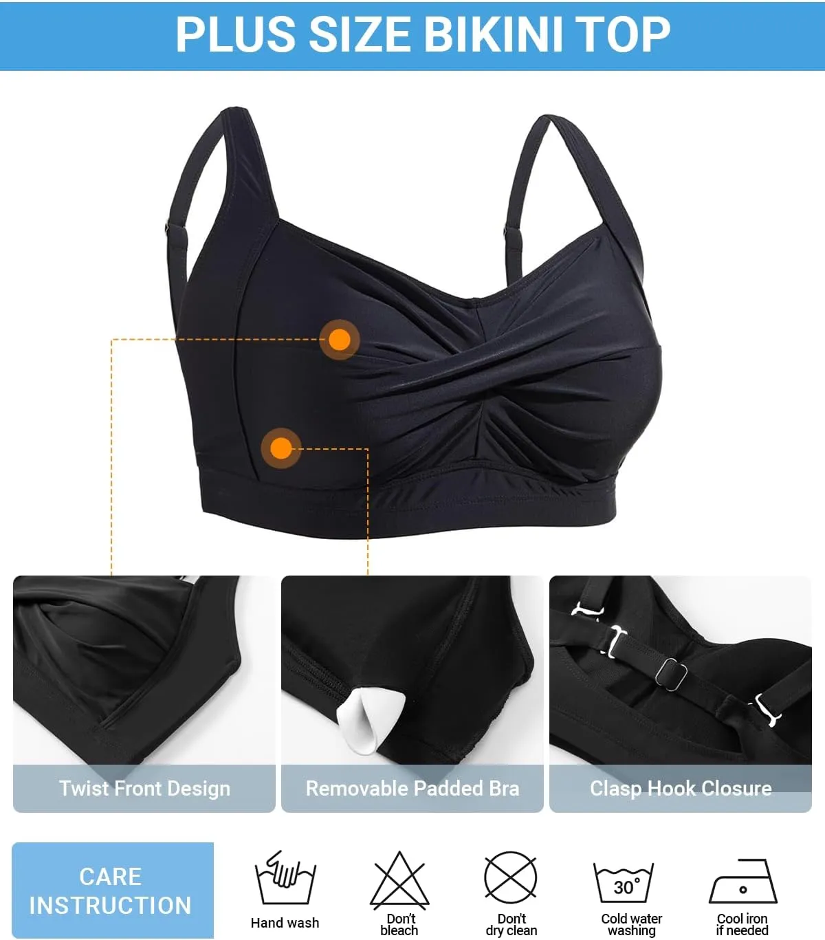 Daci Women Plus Size Push up Bikini Top Only Full Coverage Swimsuit Tops Twist Front Bathing Suit Bra for Large Bust
