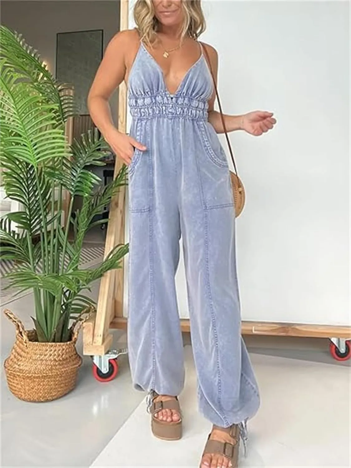 Denim Lightweight V-Neck Jumpsuit 2024 New Jumpsuits for Women paghetti straps Jumpsuit Plus Size with Pockets