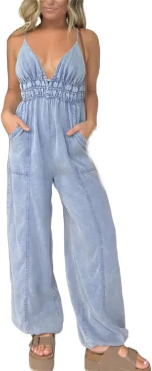Denim Lightweight V-Neck Jumpsuit 2024 New Jumpsuits for Women paghetti straps Jumpsuit Plus Size with Pockets