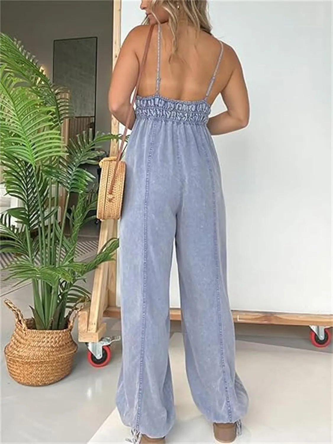 Denim Lightweight V-Neck Jumpsuit 2024 New Jumpsuits for Women paghetti straps Jumpsuit Plus Size with Pockets