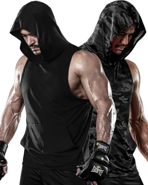 DRSKIN 2 or 1 Pack Men's Hooded Tank Tops Bodybuilding Muscle Cut Off T Shirt Sleeveless Gym Training Hoodies Workout Dry