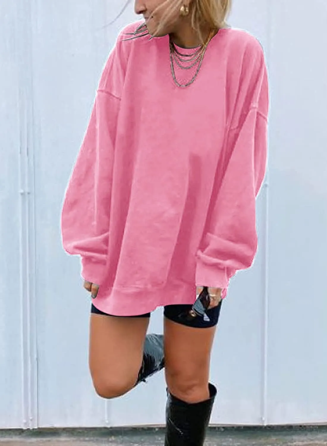 Ebifin Women's Oversized Long Sleeve Sweatshirts Pure Color Round Neck Casual Pullover Shirt