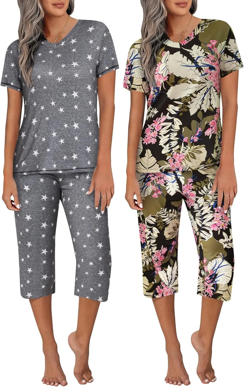Ekouaer 2 Pack Women's Pajama Sets Short Sleeve Two-Piece Pjs V Neck Tops & Capri Pants Printed Lounge Sets S-3XL