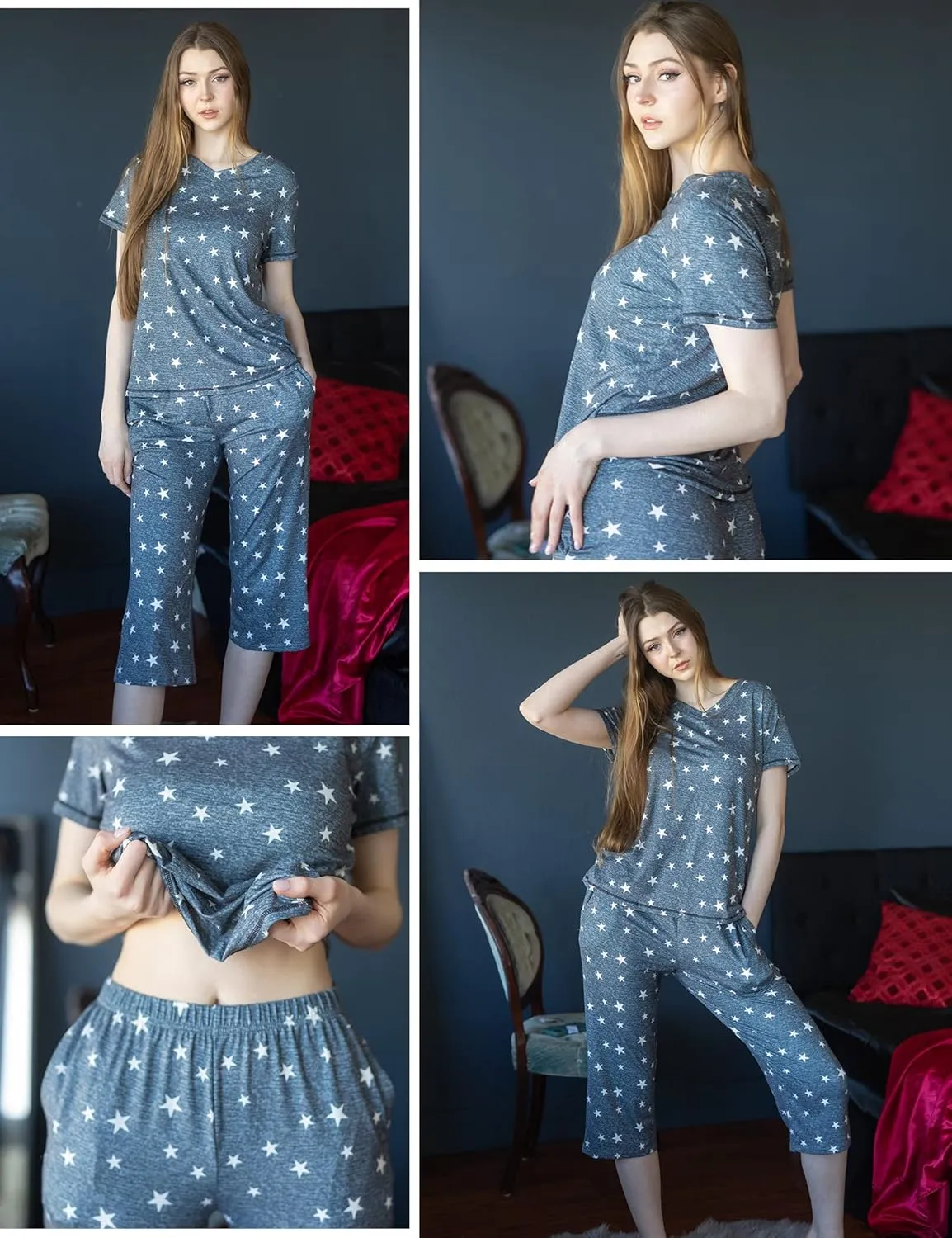 Ekouaer 2 Pack Women's Pajama Sets Short Sleeve Two-Piece Pjs V Neck Tops & Capri Pants Printed Lounge Sets S-3XL