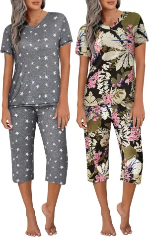 Ekouaer 2 Pack Women's Pajama Sets Short Sleeve Two-Piece Pjs V Neck Tops & Capri Pants Printed Lounge Sets S-3XL