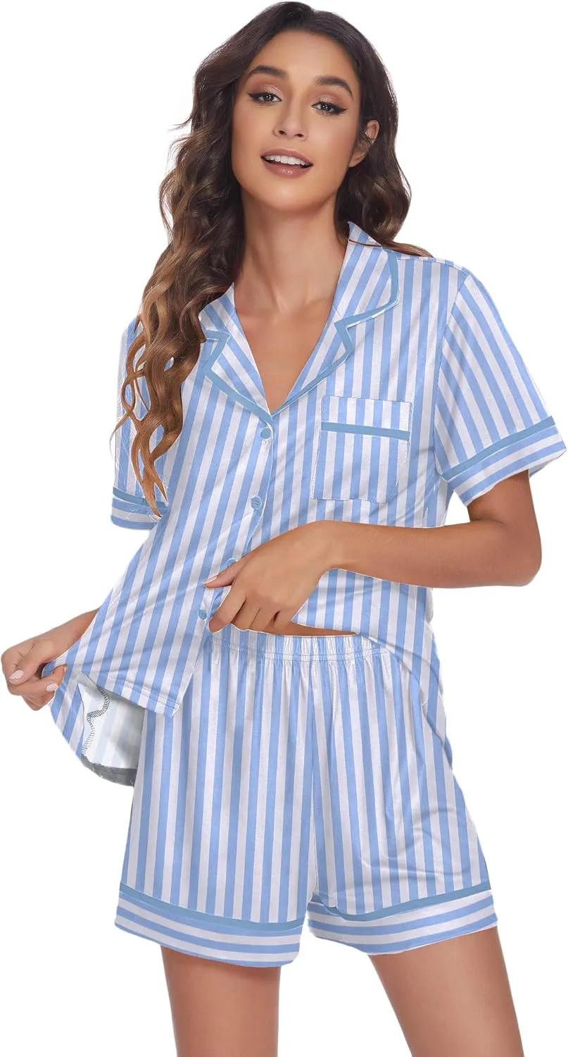 Ekouaer Women's Pajama Sets 2 Piece Short Sleeve Button Down Tops and Pants Pj Set V Neck Sleepwear Loungewear Chest Pocket