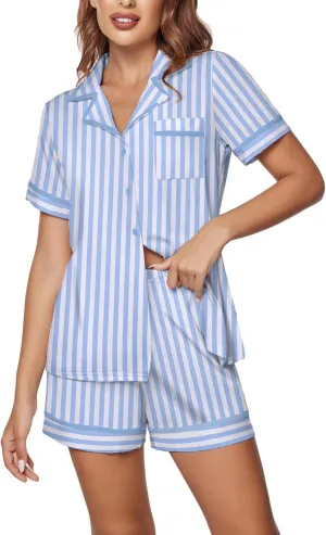 Ekouaer Women's Pajama Sets 2 Piece Short Sleeve Button Down Tops and Pants Pj Set V Neck Sleepwear Loungewear Chest Pocket
