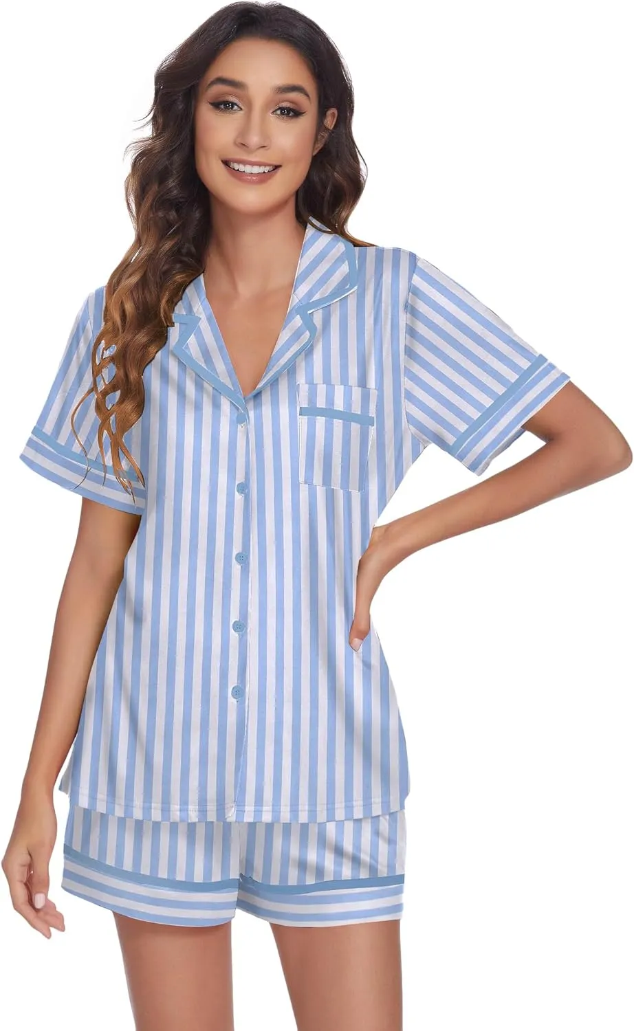 Ekouaer Women's Pajama Sets 2 Piece Short Sleeve Button Down Tops and Pants Pj Set V Neck Sleepwear Loungewear Chest Pocket